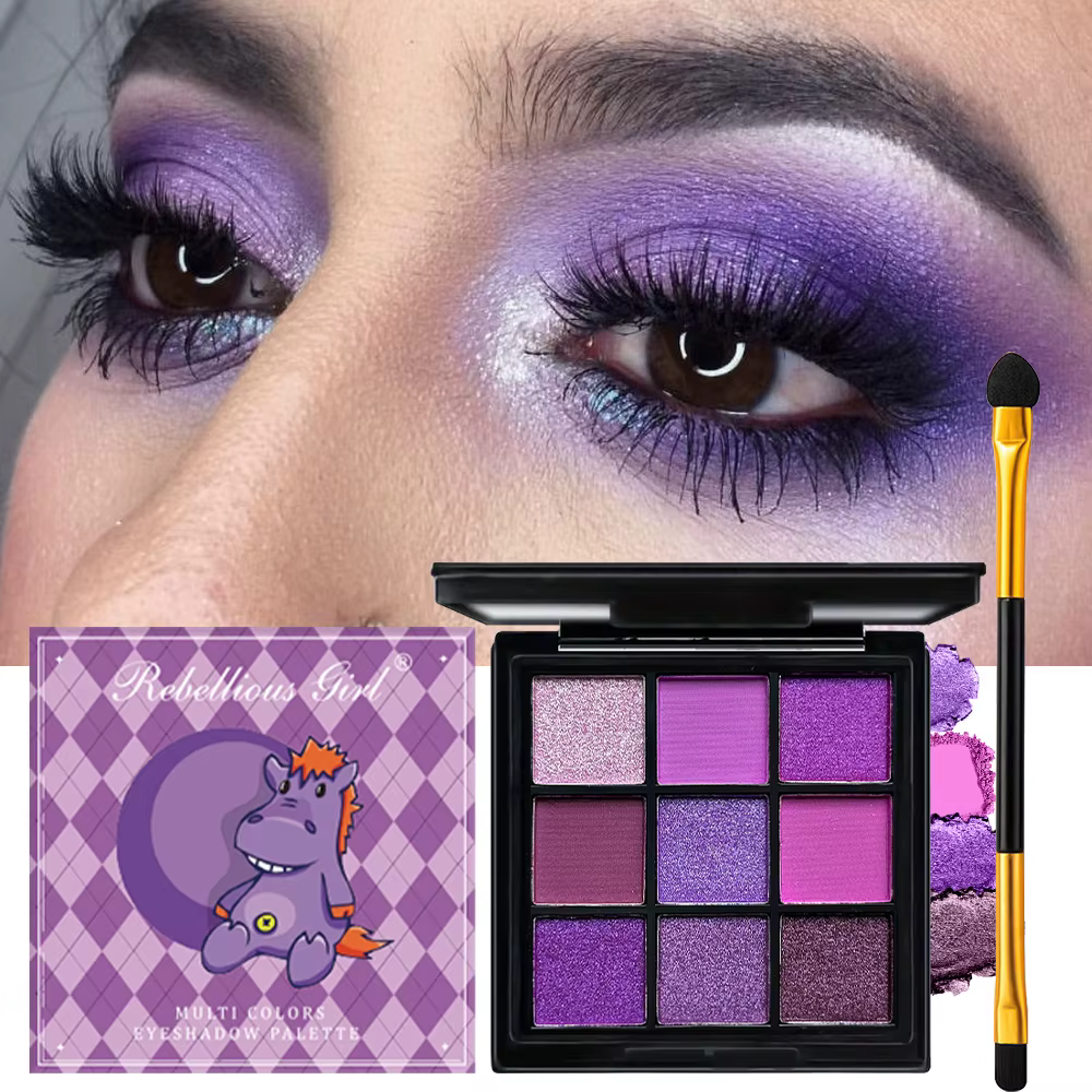 Palette de fards à paupières violets de 9 couleurs avec ensemble de pinceaux à double extrémité gratuit – Shimmer mat riche et nuances scintillantes pour le maquillage quotidien et de fête