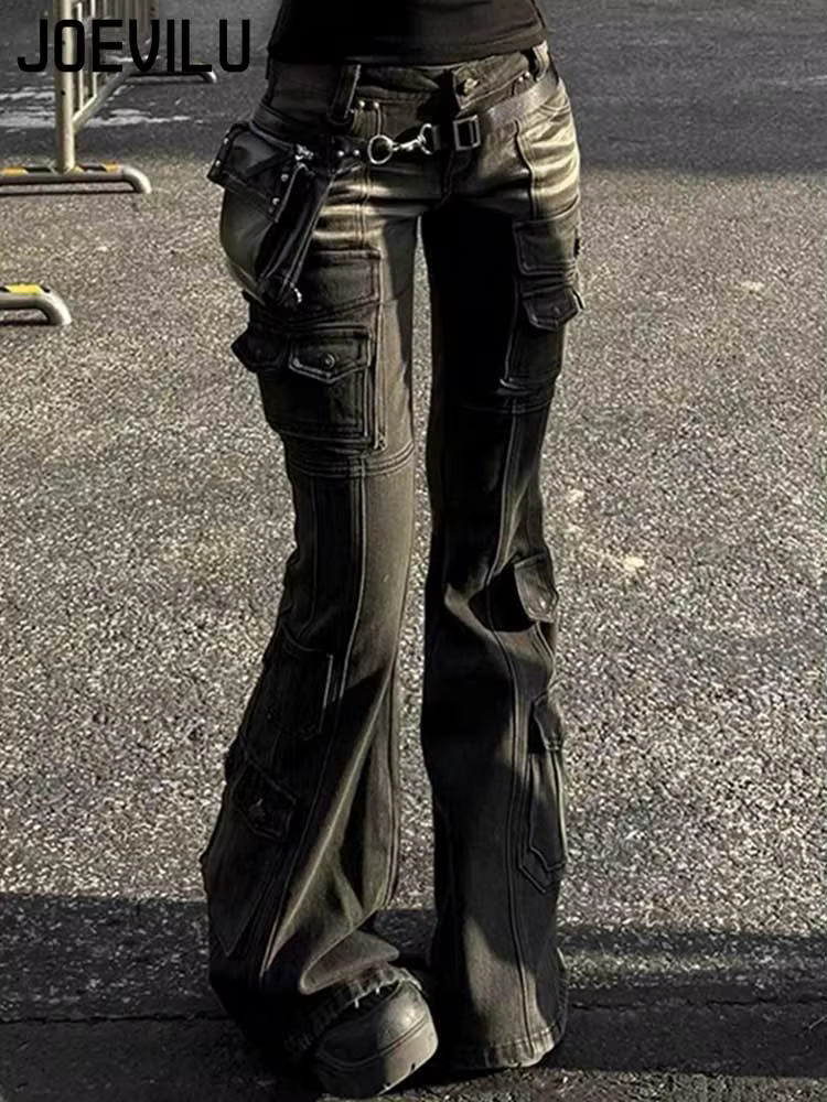 Jean Cargo taille basse pour femmes, noir délavé, années 2000, Y2K, rétro, moustaches en détresse, multi-poches, Bootcut, Micro pantalon évasé, Grunge, nouveau