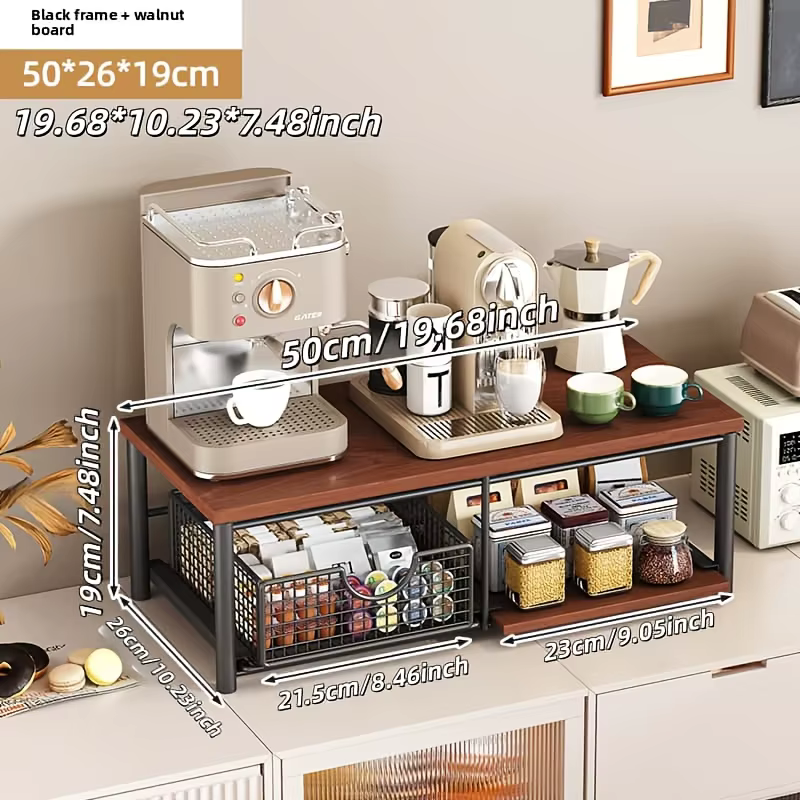 Étagère de rangement à double niveau pour plan de travail de cuisine ; Support en bois pour micro-ondes et machine à café avec tiroirs coulissants ; Rangement gain de place