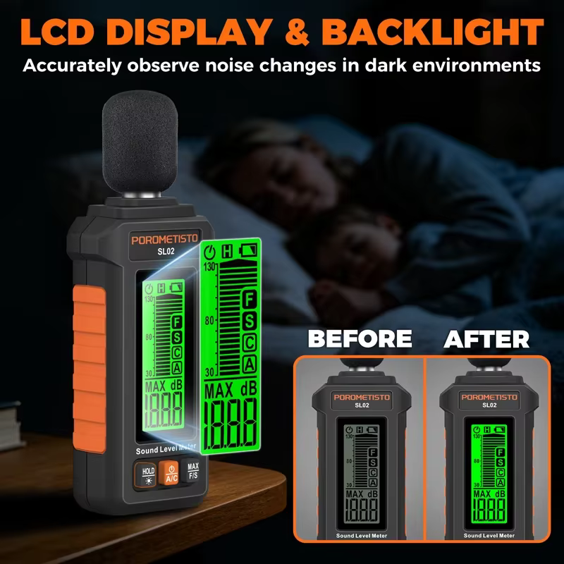 Sonometre numérique SL02 30-130dB avec pondération A/C, sonometre audio anti-vent, sonometre portable, mesure du niveau sonore en décibels, rétroéclairage LCD