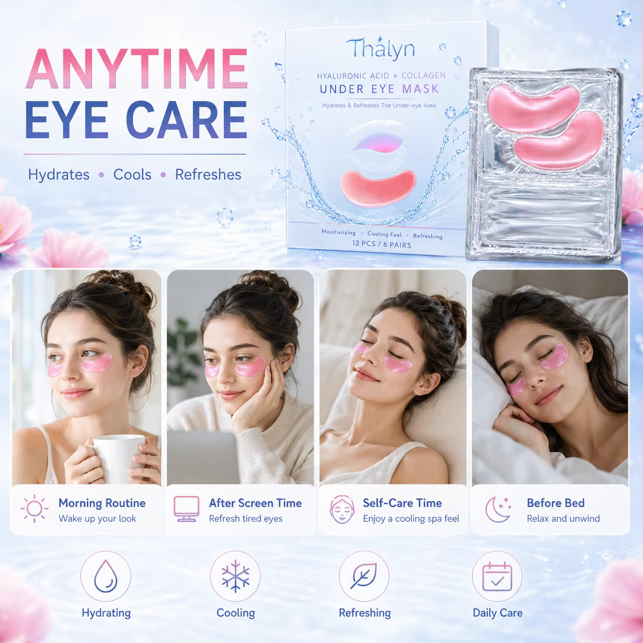 12 Patchs pour les Yeux en Forme de Croissant Rose, Patchs en Gel Hydratants pour les Yeux