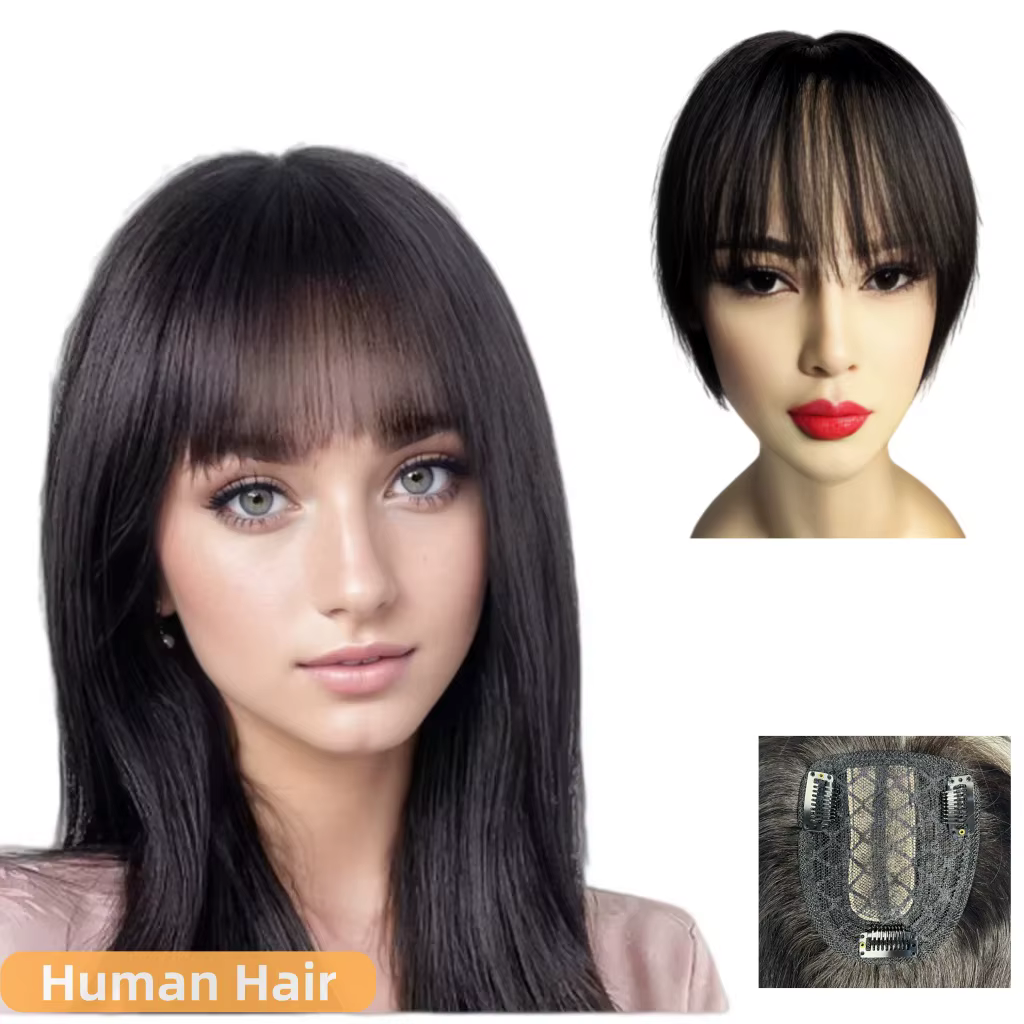 Compléments capillaires naturels en cheveux humains pour femmes avec frange, postiche à clipser avec cuir chevelu en PU pour une couverture plus réaliste de la perte de cheveux