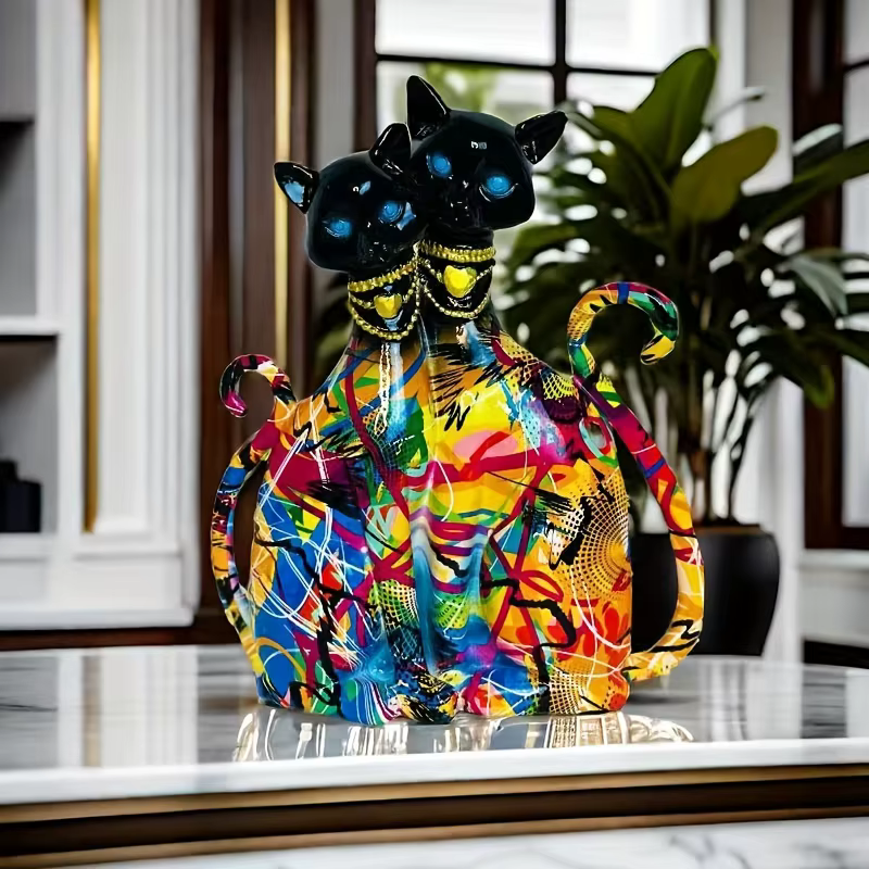 Statue de couple de chats en résine style graffiti coloré, yeux en pierre précieuse bleue, cadeau de la Saint-Valentin, décoration de chambre unique pour les amoureux des chats
