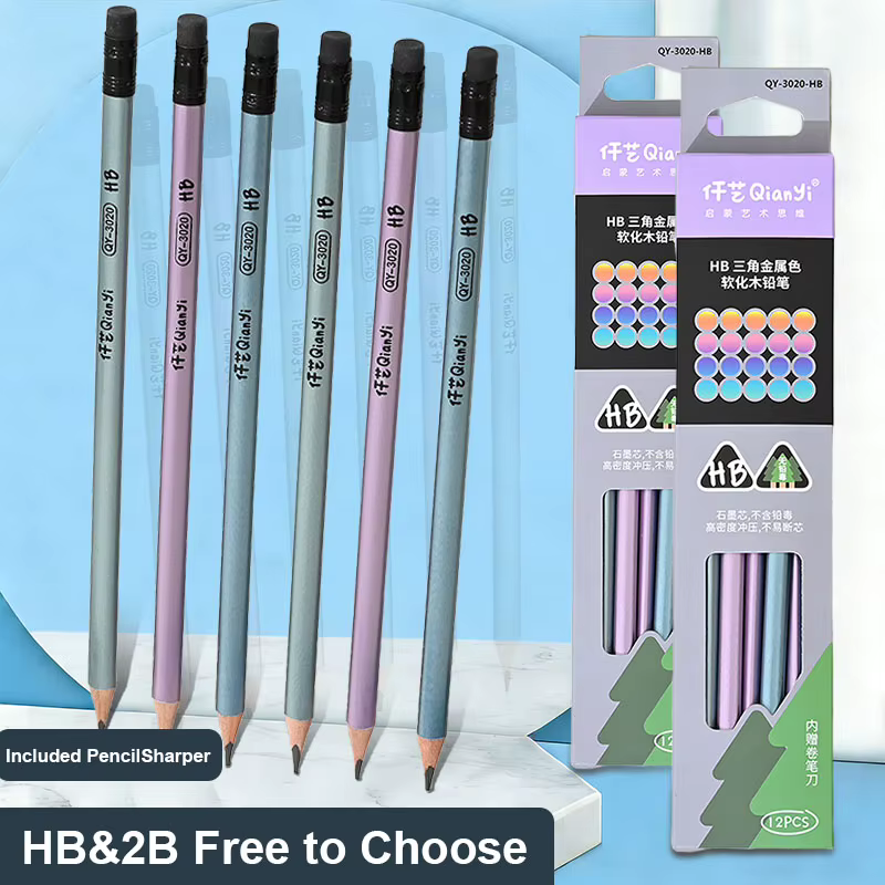 12 pièces/ensemble Crayons en bois HB 2B avec motif de dessin animé et gomme, taille-crayon gratuit, ensemble de crayons créatifs multi-usages pour étudiants