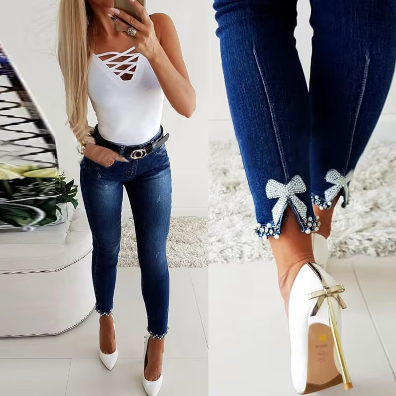 Pantalon crayon vintage pour femme, jean délavé, gaine, denim, longueur de rinçage, perles, poches solides, décontracté, taille haute, maigre, 2025