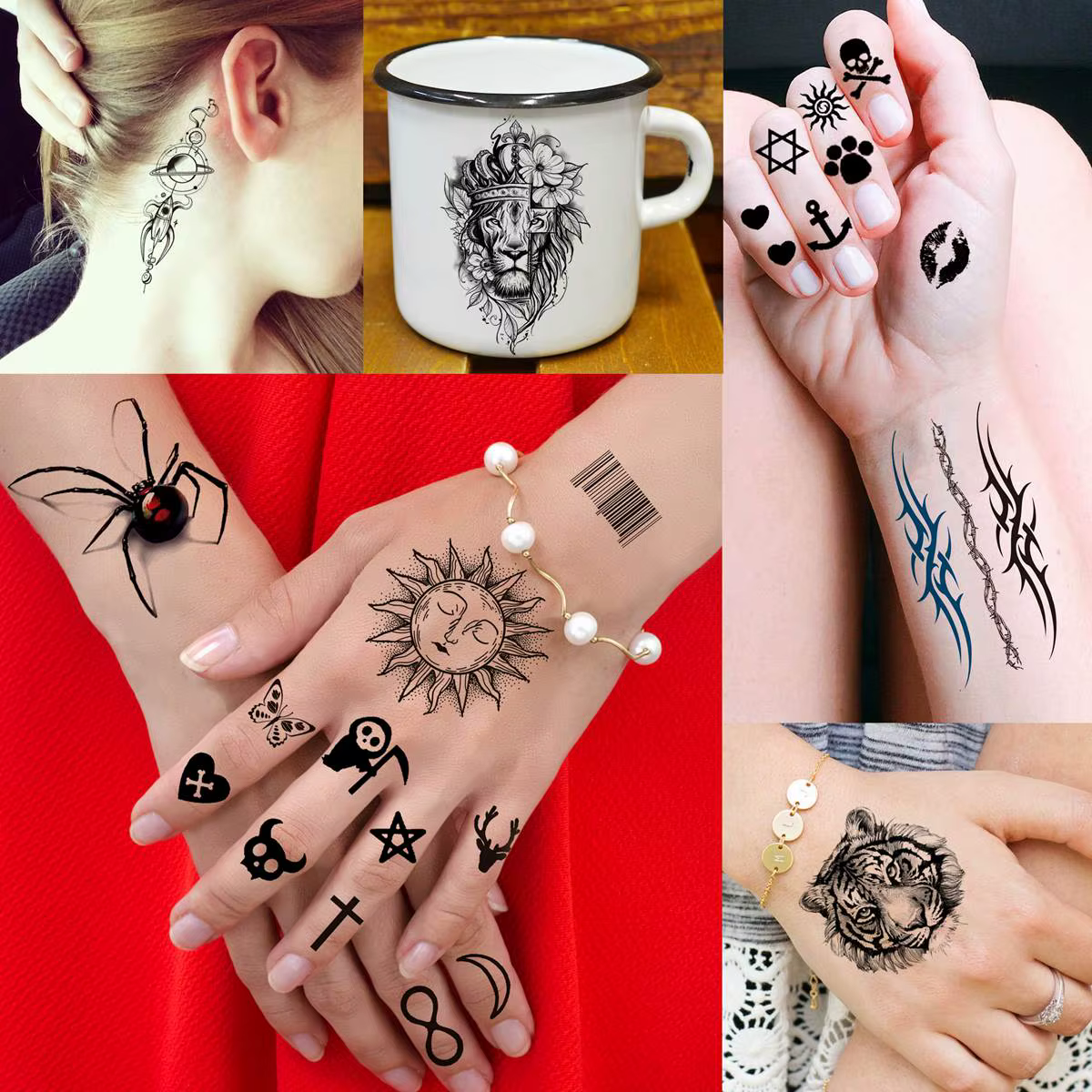 Tatouages Temporaires Petits Animaux, Faux Crâne Noir, Autocollant Imperméable, Minuscules et Réalistes, pour Adultes, Doigt et Bras, 66 Feuilles