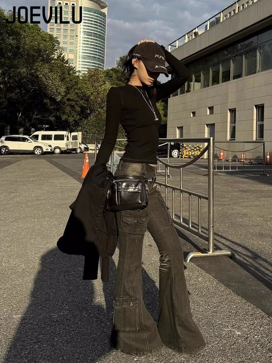 Jean Cargo taille basse pour femmes, noir délavé, années 2000, Y2K, rétro, moustaches en détresse, multi-poches, Bootcut, Micro pantalon évasé, Grunge, nouveau