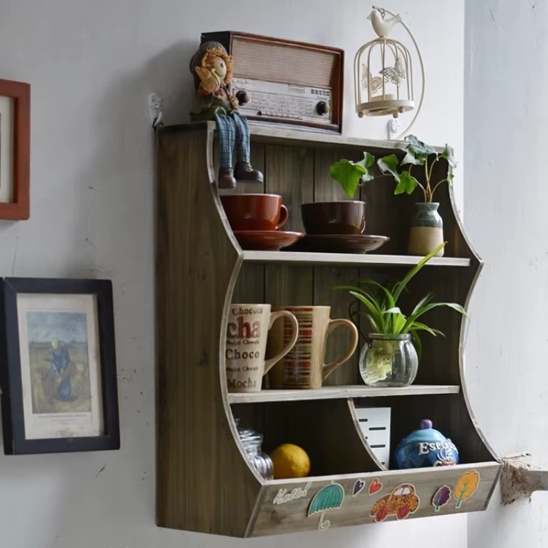 Armoire de rangement montée sur étagère murale en bois massif, avec support, étagère polyvalente, organisateur, support de verre de cuisine