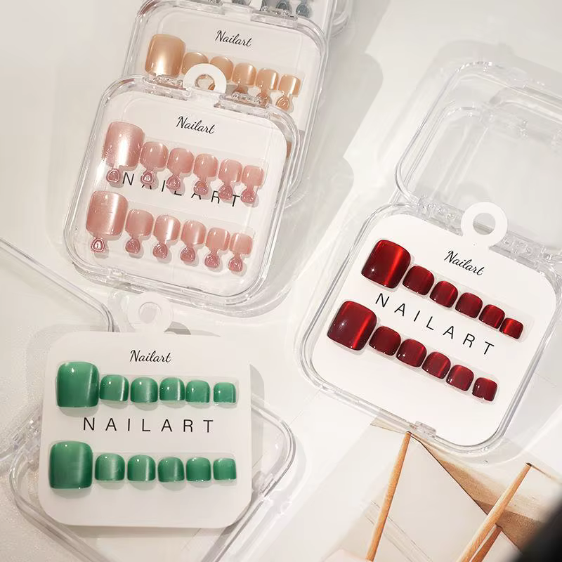 Faux Ongles 10 Pièces/Boîte, French Brillant Effet Œil de Chat, Courts Carrés, à Presser, Couverture Complète, Extension d'Ongles d'Orteil, Kit Professionnel pour Salon