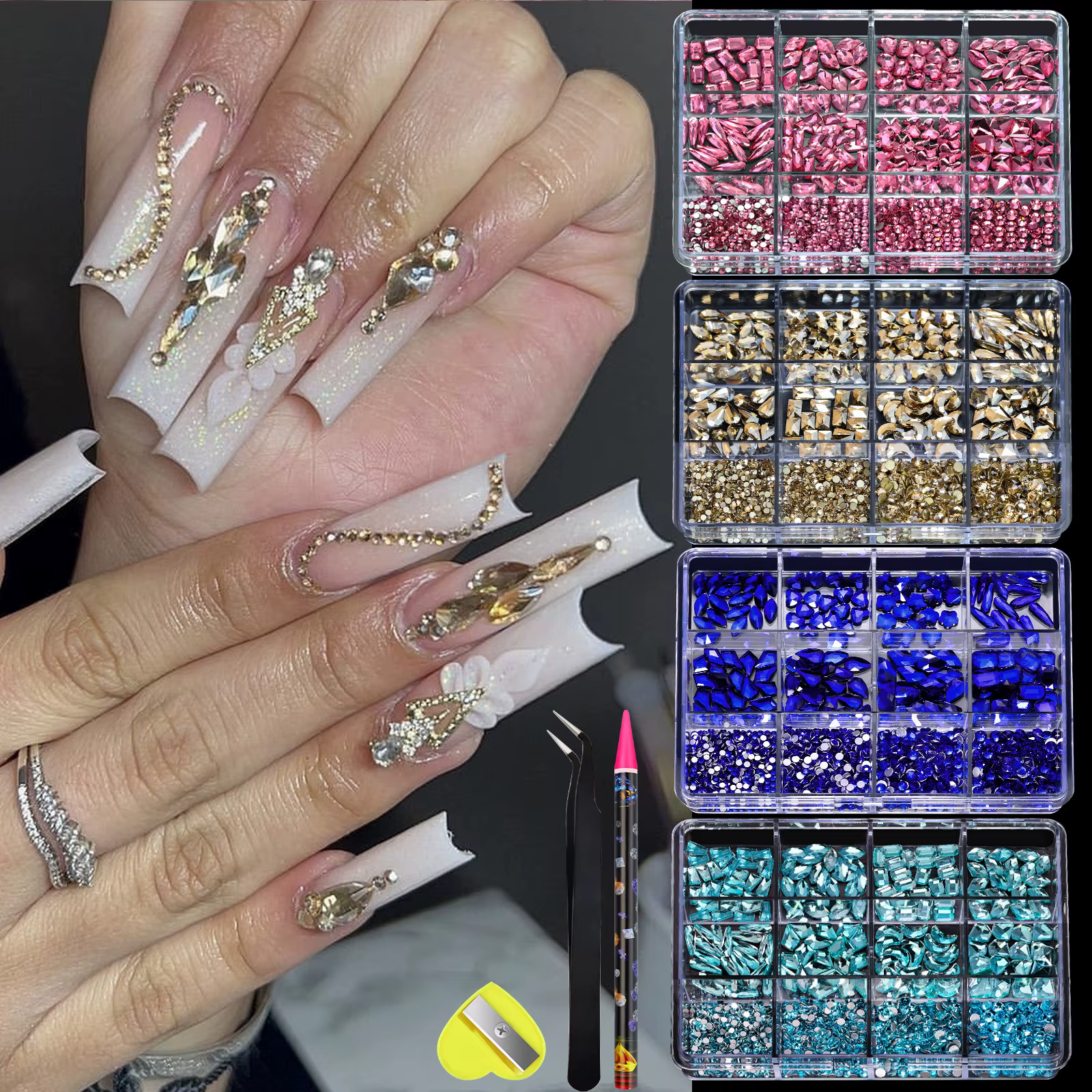 Strass à fond plat pour ongles, 12 grilles, verre de forme mixte, cristal, Kit de breloques de Luxe, accessoires de décoration d'ongles à faire soi-même