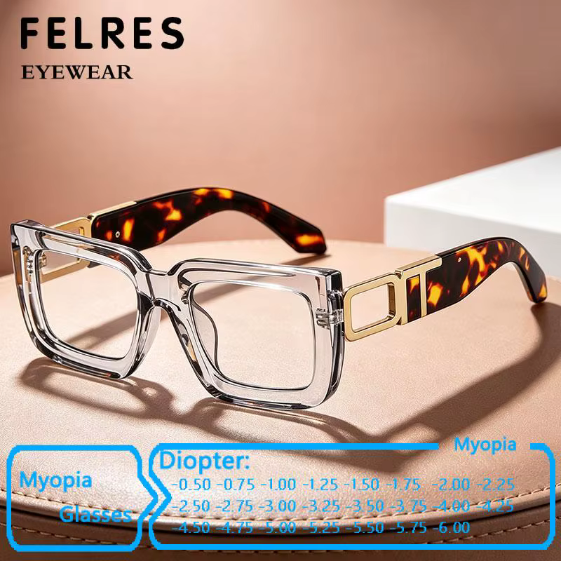 Lunettes de myopie de luxe carrées anti-lumière bleue pour femmes et hommes, monture épaisse, optiques, personnalisables avec dioptrie négative
