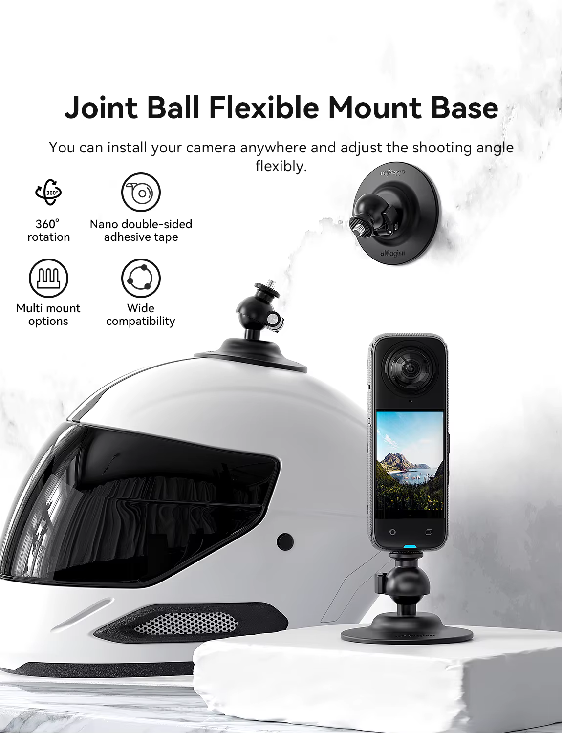 Base universelle flexible à tête sphérique avec connecteur 1/4 pour accessoires de caméra sportive Insta360 X4