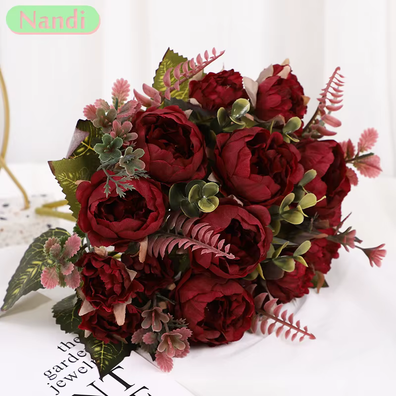 Simulation de roses artificielles à 9 têtes, fausse arc de mariage, fleur en soie, décoration de maison, salon, Table, fausse fleur