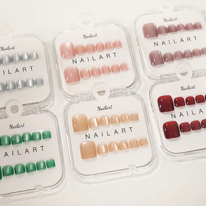 Faux Ongles 10 Pièces/Boîte, French Brillant Effet Œil de Chat, Courts Carrés, à Presser, Couverture Complète, Extension d'Ongles d'Orteil, Kit Professionnel pour Salon