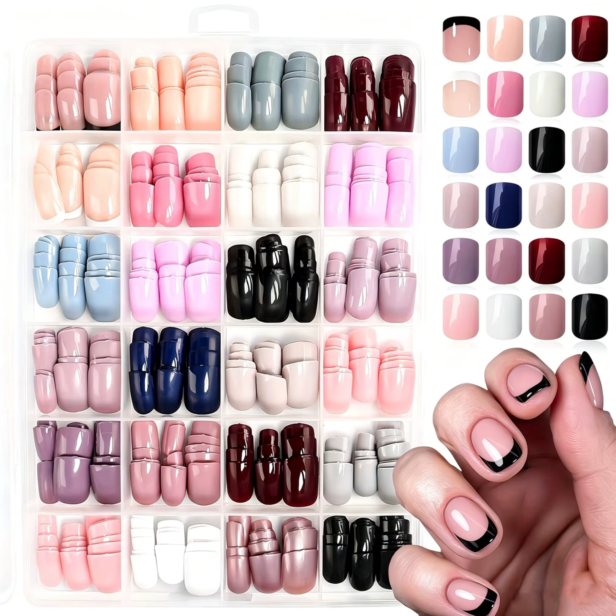 576 faux ongles brillants rouges, roses, marrons, 24 couleurs, courts, carrés, à presser, avec pointe française blanche et noire #