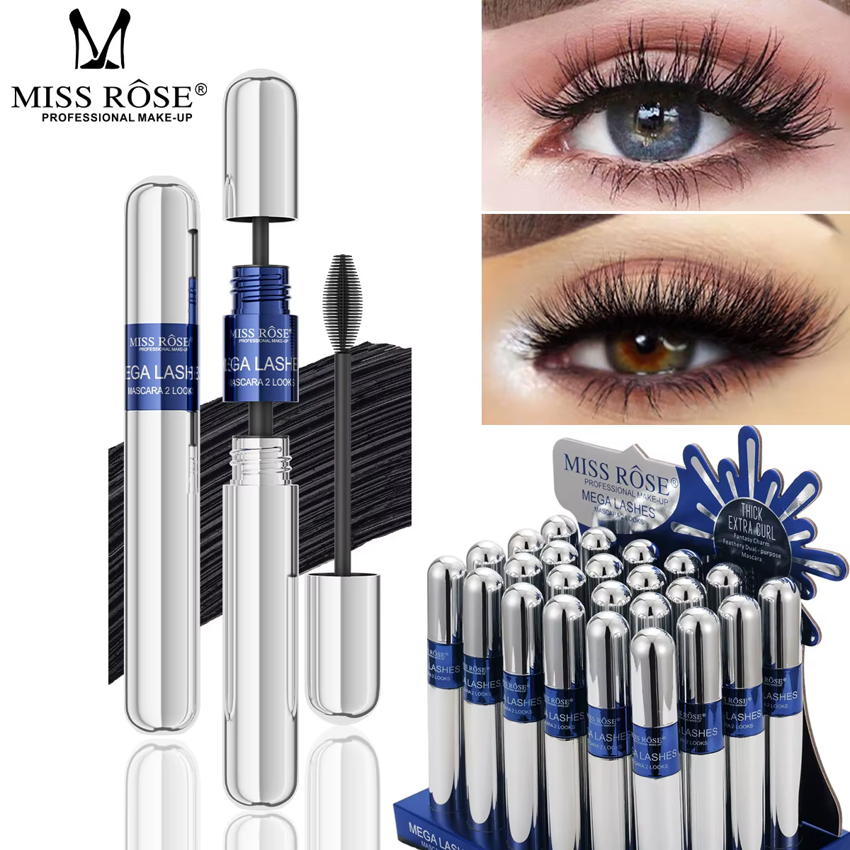 Ensemble de mascara noir MISS ROSE, mascara volumisant allongeant et recourbant à grande brosse, base de mascara waterproof, maquillage pour les yeux, cosmétique
