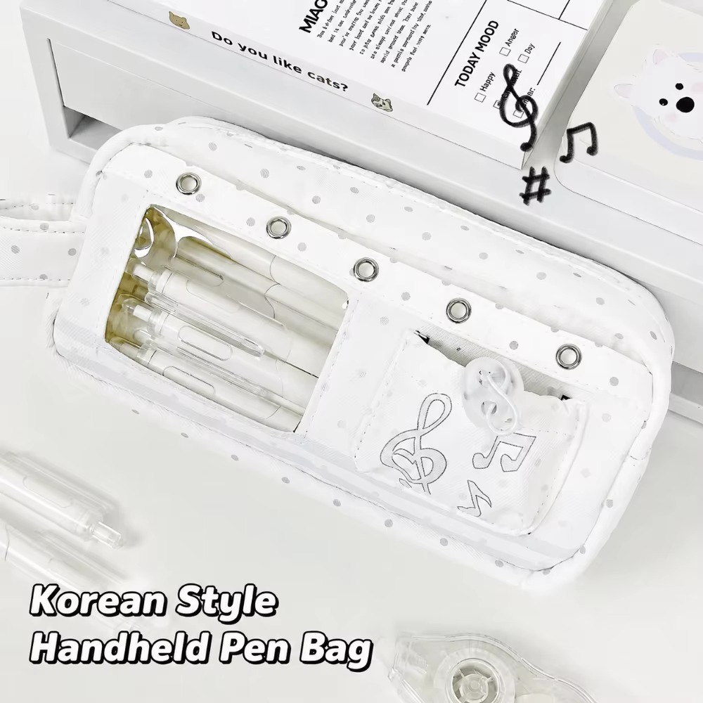 Trousse à crayons Kawaii à pois avec motif note de musique, multi-couches avec poignée, grande capacité, organiseur de papeterie pour étudiants