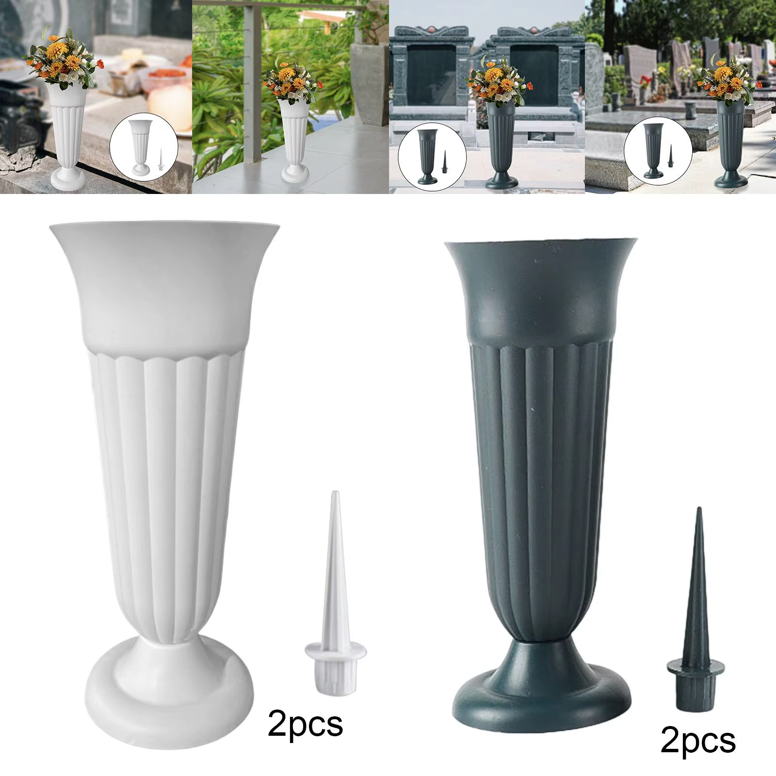 Lot de 2 Vases Floraux Commémoratifs Détachables avec Piquet et Base en Plastique, Vases de Cimetière et de Tombe pour Événements Extérieurs, Tombes, Jardin