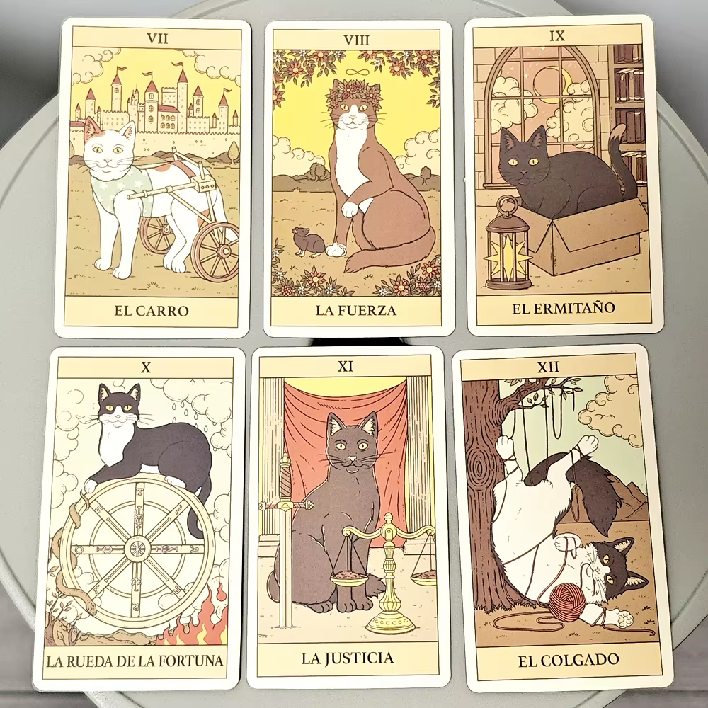 Les chats regulan le Tarot terrestre, jeu de 78 cartes, 10.3x6cm, pour l'édition espagnole Feline-Obsessed