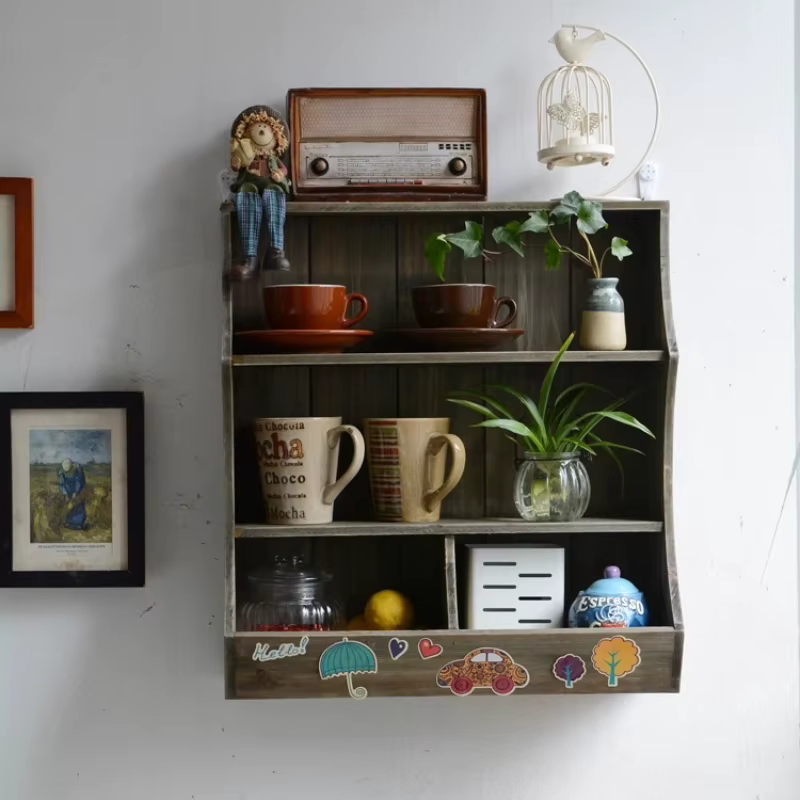 Armoire de rangement montée sur étagère murale en bois massif, avec support, étagère polyvalente, organisateur, support de verre de cuisine
