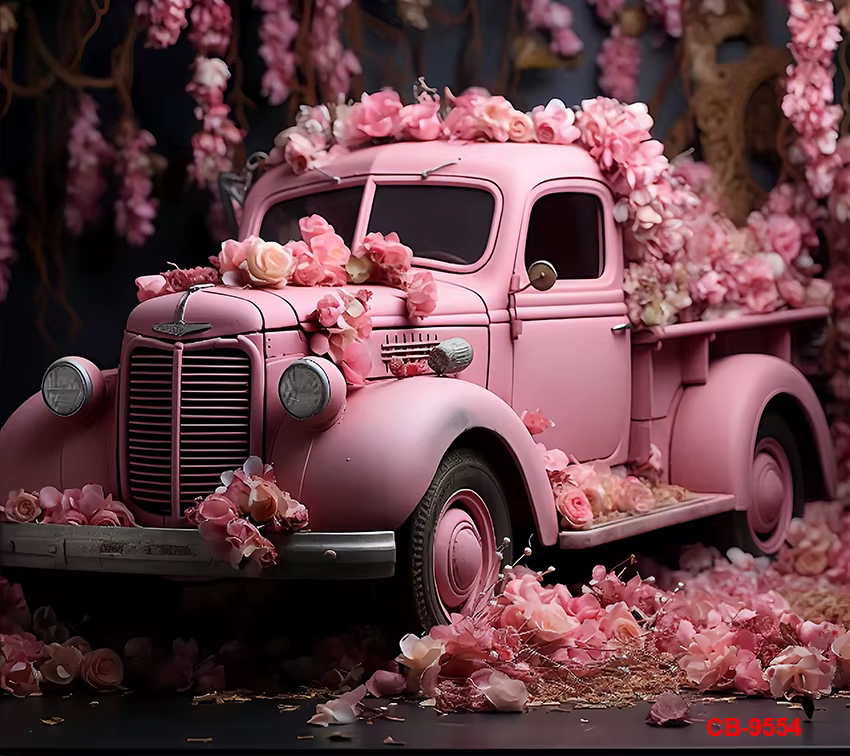 Fond de photographie pour la fête de Léon, camion rose romantique, floral, anniversaire adulte, mariage, décor de portrait, arrière-plan