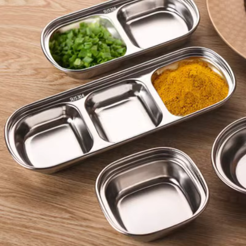 Bols à tremper divisés en acier inoxydable, assiette à Sauce, plateau à condiments pour BBQ, vinaigre, épices, Ketchup, sel, sucre, saveur