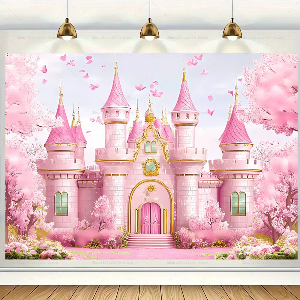 Arrière-plan de château de princesse rose 2D, décor de fête pour mariage, anniversaire, saint-valentin, arrière-plan de photographie, accessoires de stand de bannière