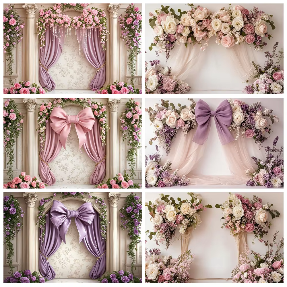 Arrière-plan de photographie de mariage pour filles, classique, violet, avec nœud Floral, pour spectacle de maternité, anniversaire, accessoires de Studio Photo