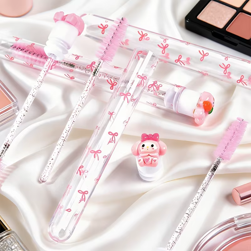 10 brosses à mascara roses en forme de dessin animé avec étui à nœud papillon, applicateur anti-poussière pour extensions de cils, peigne à sourcils, outil de maquillage