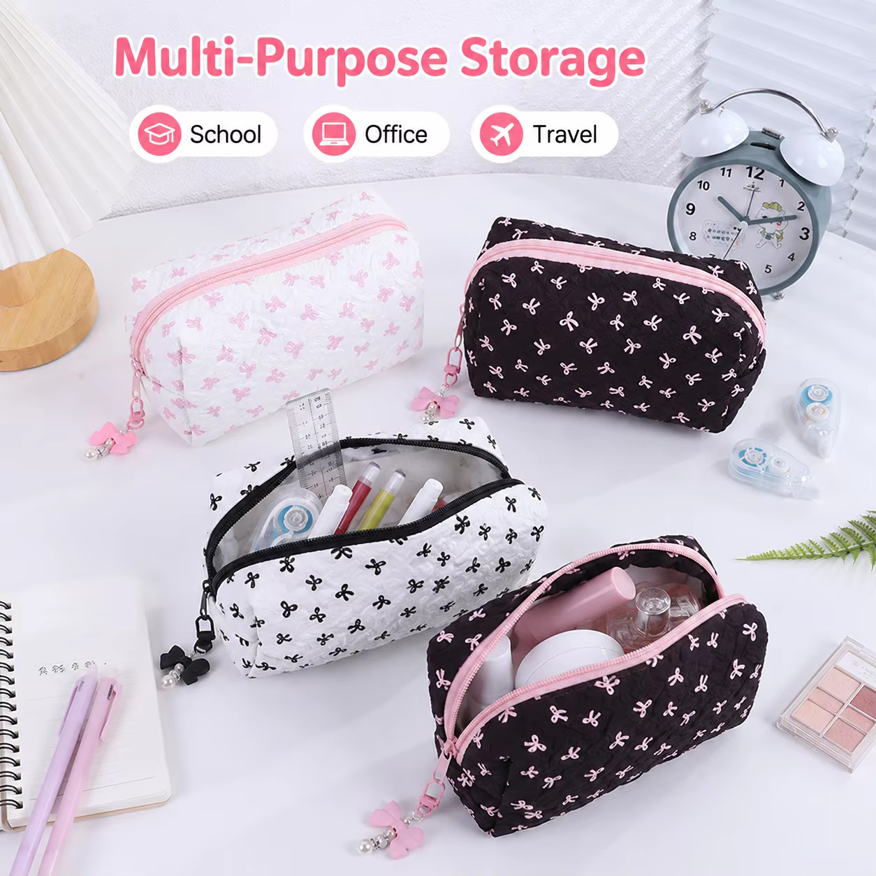 Trousse à crayons matelassée à motif nœud mignon, sac de rangement portable grande capacité pour fournitures scolaires avec breloque perle, fournitures de rentrée scolaire