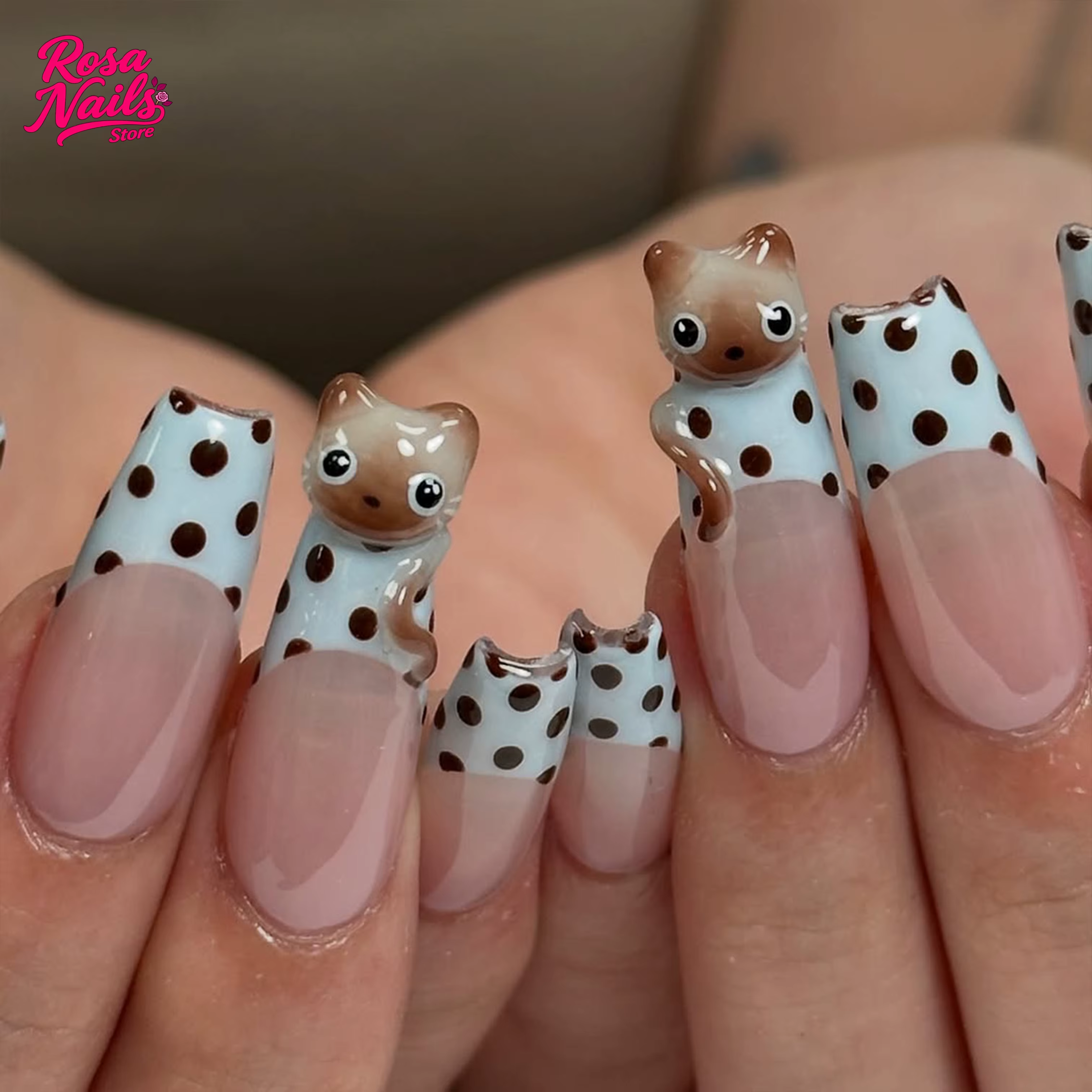 Faux ongles chat siamois 3D, inspirés des animaux de compagnie, à pression, chatons faits à la main, Nail Art sculpté à la main, longs cercueil, à pois, mignons
