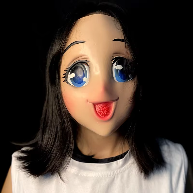 Masque réaliste de femme aux grands yeux, style Lolita, demi-visage en latex, pour cosplay, dessin animé, Kigurumi, fête, déguisement, accessoires