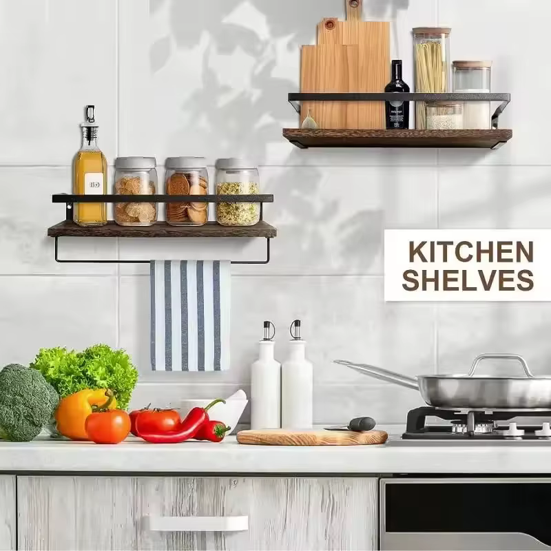 Accessoires de salle de bain et de cuisine : Étagère murale flottante en bois massif à fixer par perçage, pour rangement d'accessoires et matériel de rangement.