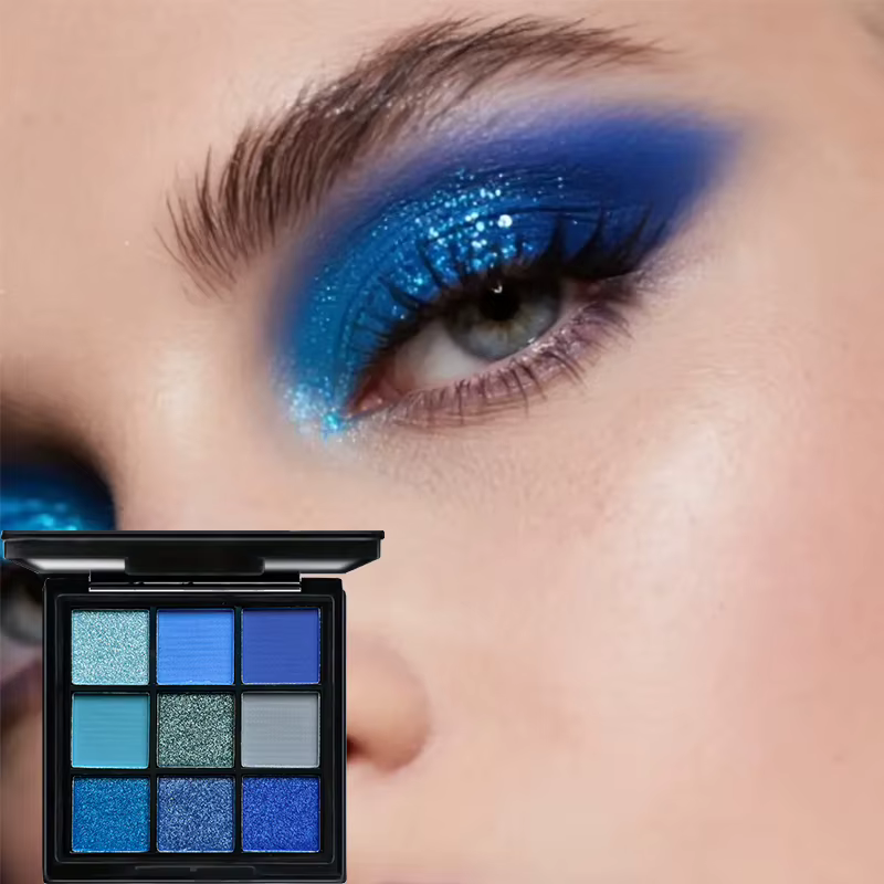 Palette de fards à paupières luxueuse bleue 9 couleurs - Effet mat velouté et scintillant, maquillage pour les yeux fumés durable, imperméable et longue tenue