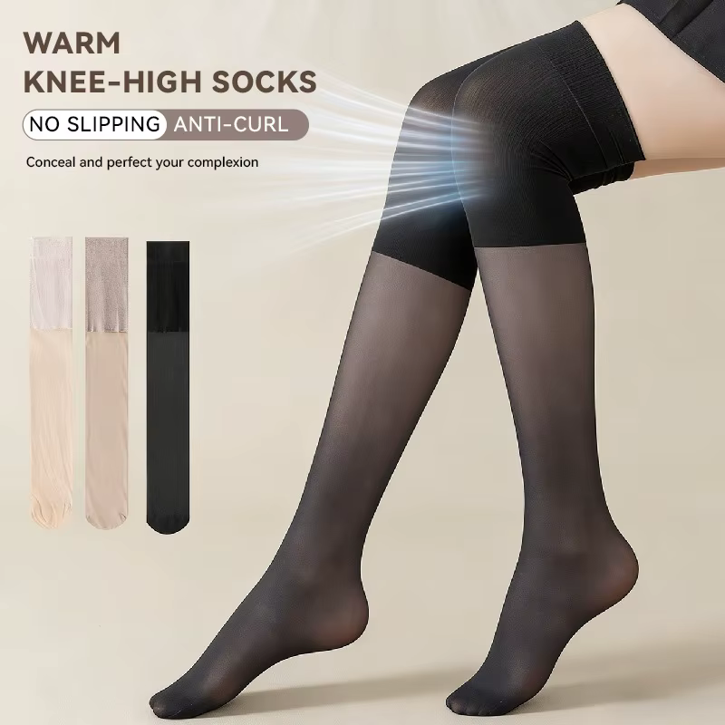 Chaussettes hautes pour femmes, fines et transparentes en nylon, pour l'été, avec bande antidérapante en silicone, anti-accroc, pour réchauffer les genoux