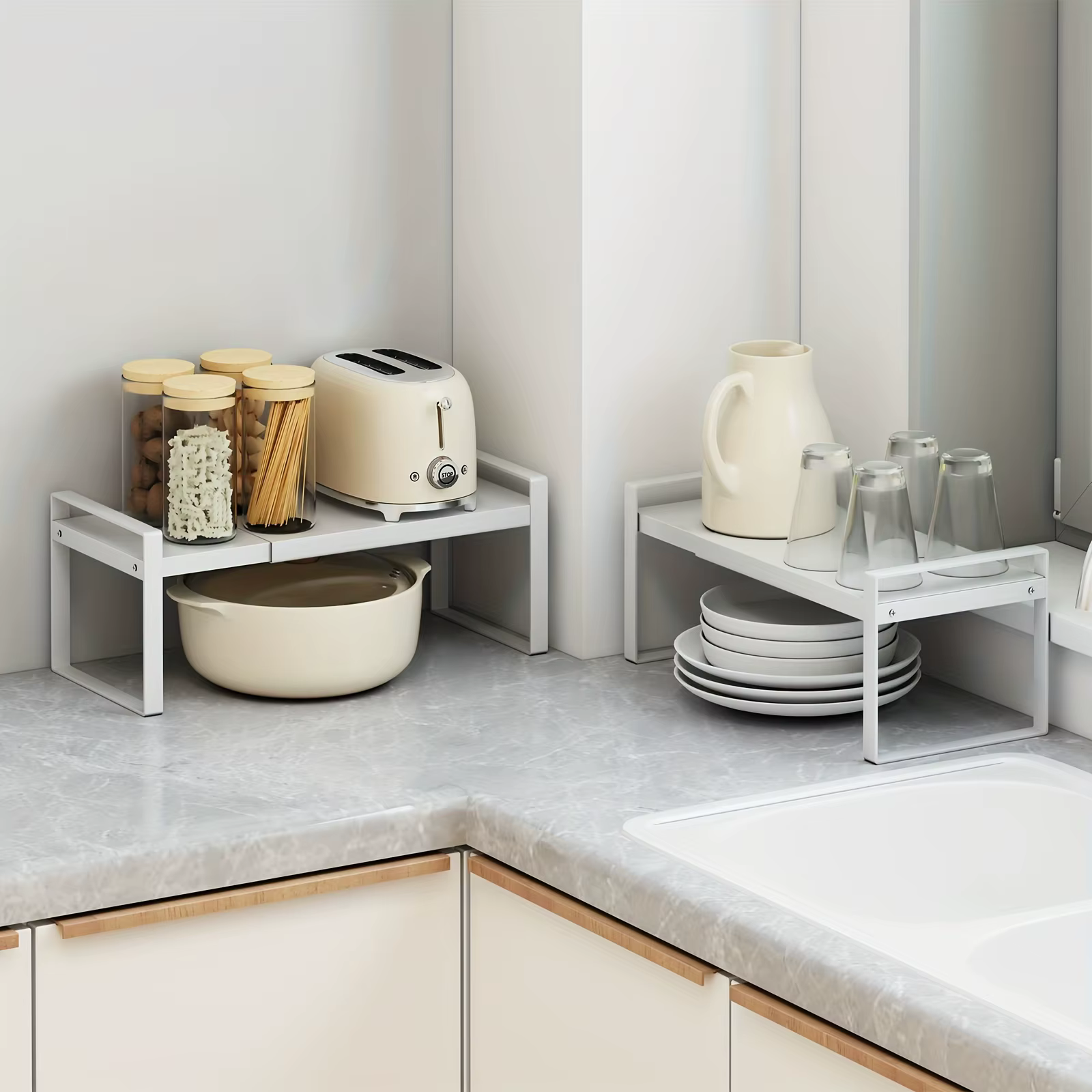 Étagère de rangement multi-niveaux pour armoire de cuisine, support de rangement pour épices, espace de rangement extensible pour la maison, en métal robuste blanc
