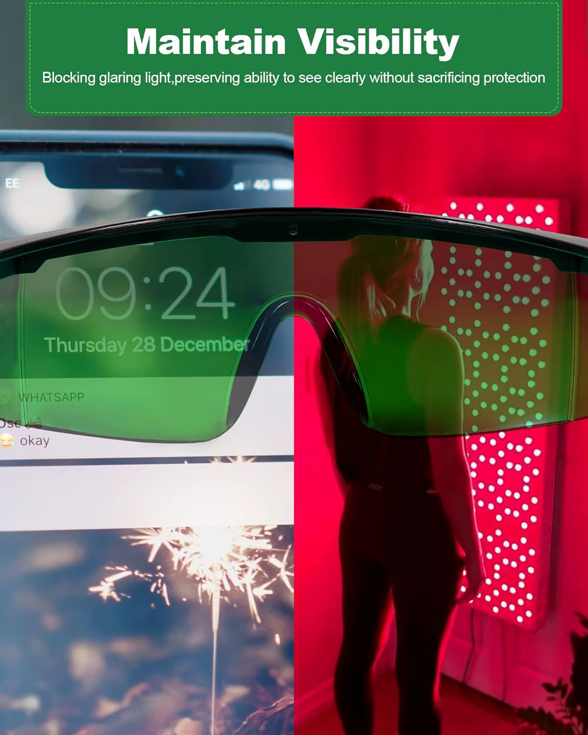 Lunettes de thérapie par lumière rouge pour la protection des yeux lors de séances infrarouges et LED, lunettes vertes profondes bloquant les longueurs d'onde nocives de 200 à 2000 nm