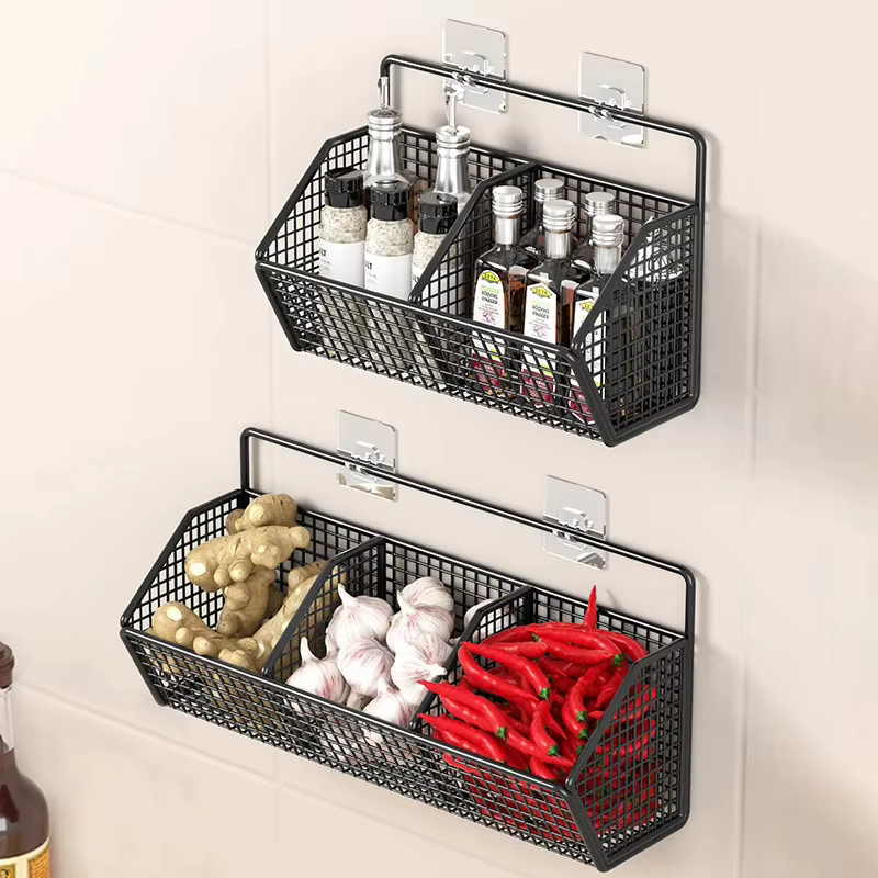 Étagère de rangement murale de cuisine, oignon, gingembre, ail, condiments, épices, étagère de cuisine, panier de vidange de fruits et légumes sans poinçon