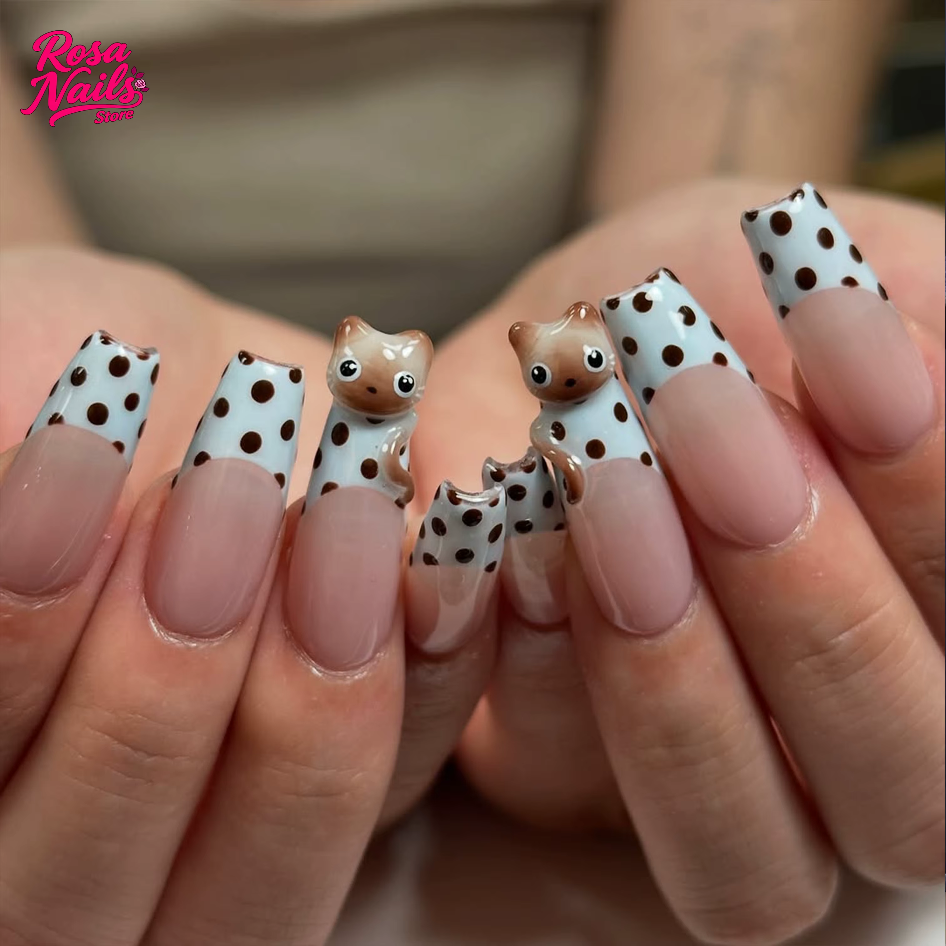 Faux ongles chat siamois 3D, inspirés des animaux de compagnie, à pression, chatons faits à la main, Nail Art sculpté à la main, longs cercueil, à pois, mignons