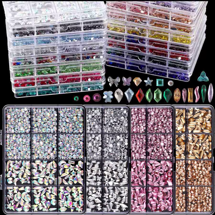 Strass à fond plat pour ongles, 12 grilles, verre de forme mixte, cristal, Kit de breloques de Luxe, accessoires de décoration d'ongles à faire soi-même