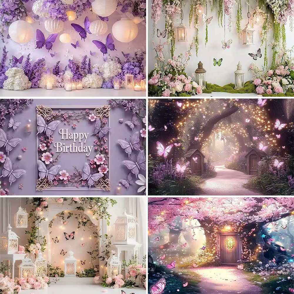Décorations de fête de mariage, toile de fond magnifique avec des papillons violets, accessoires de photographie pour anniversaires, bannière, accessoires de prise de vue