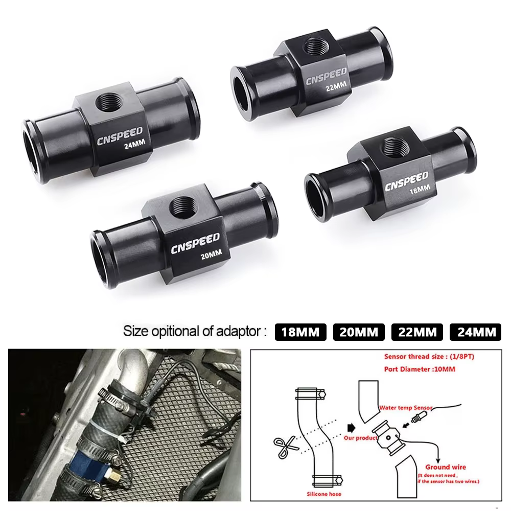 Adaptateur de raccord de tuyau de liquide de refroidissement noir pour capteur de température d'eau 1/8NPT 18mm 20mm 22mm 24mm