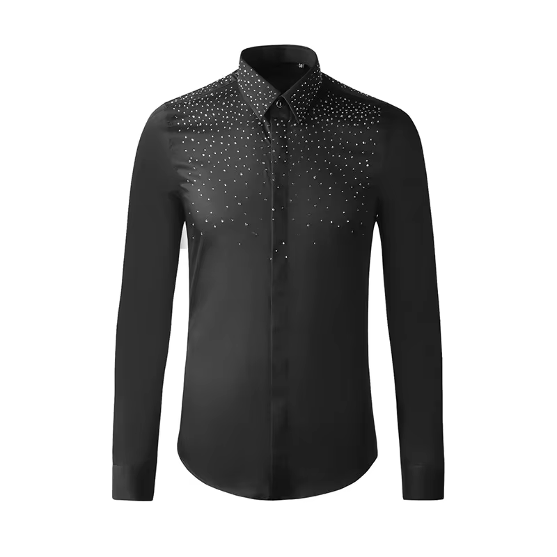 Chemise tchèque à strass pour hommes, manches longues, Slim, décontractée, vêtements de discothèque, fête sociale, chanteur de scène