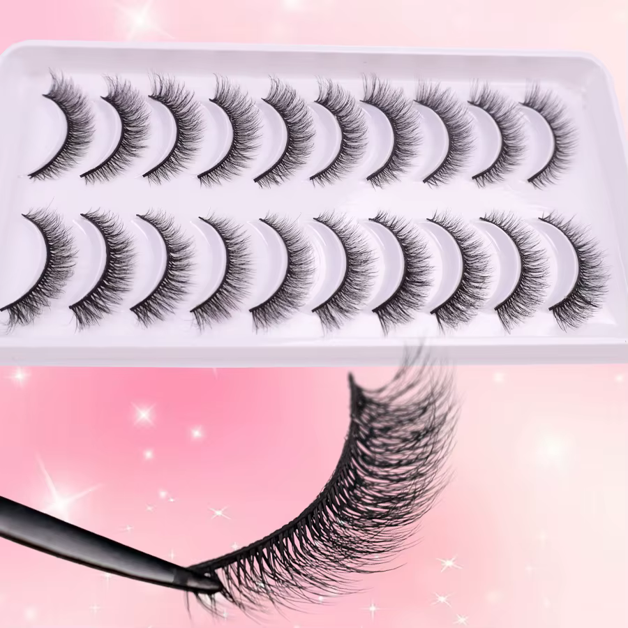 10 paires de faux cils épais et recourbés avec un effet de maquillage naturel en trois dimensions