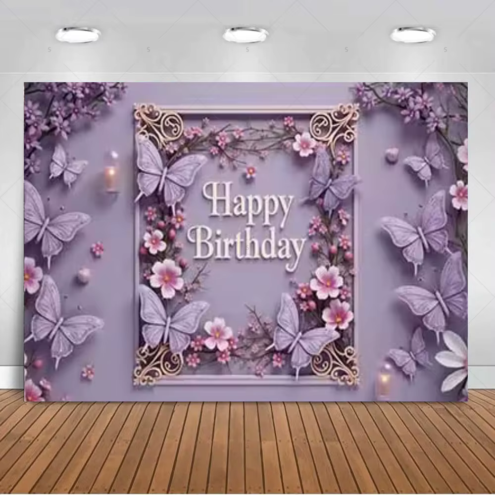 Décorations de fête de mariage, toile de fond magnifique avec des papillons violets, accessoires de photographie pour anniversaires, bannière, accessoires de prise de vue