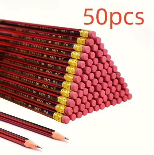 50 crayons en bois HB avec gommes - Corps rouge et noir pour l'écriture, le dessin et le croquis - Pour étudiants et fournitures de bureau