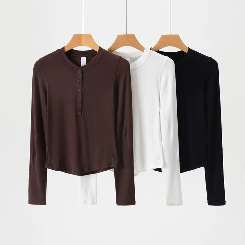 Chemise inférieure pour femmes en automne et en hiver T-shirt à manches longues col en v mince col bas chemise Henry col semi-ouvert haut vêtements