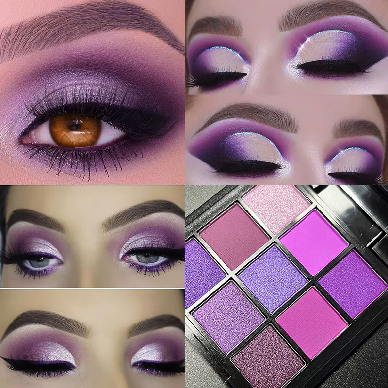 Palette de fards à paupières violets de 9 couleurs avec ensemble de pinceaux à double extrémité gratuit – Shimmer mat riche et nuances scintillantes pour le maquillage quotidien et de fête
