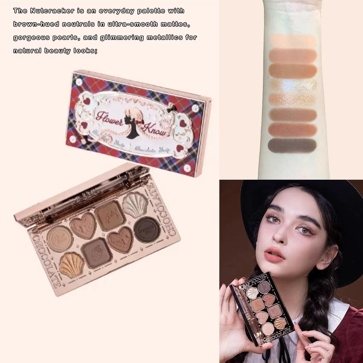 Flower Knows Chocolate Wonder-Shop Palette de Fards à Paupières 8 Couleurs Mat Brillant avec Paillettes Imperméable Haute Pigmentation Maquillage Longue Tenue