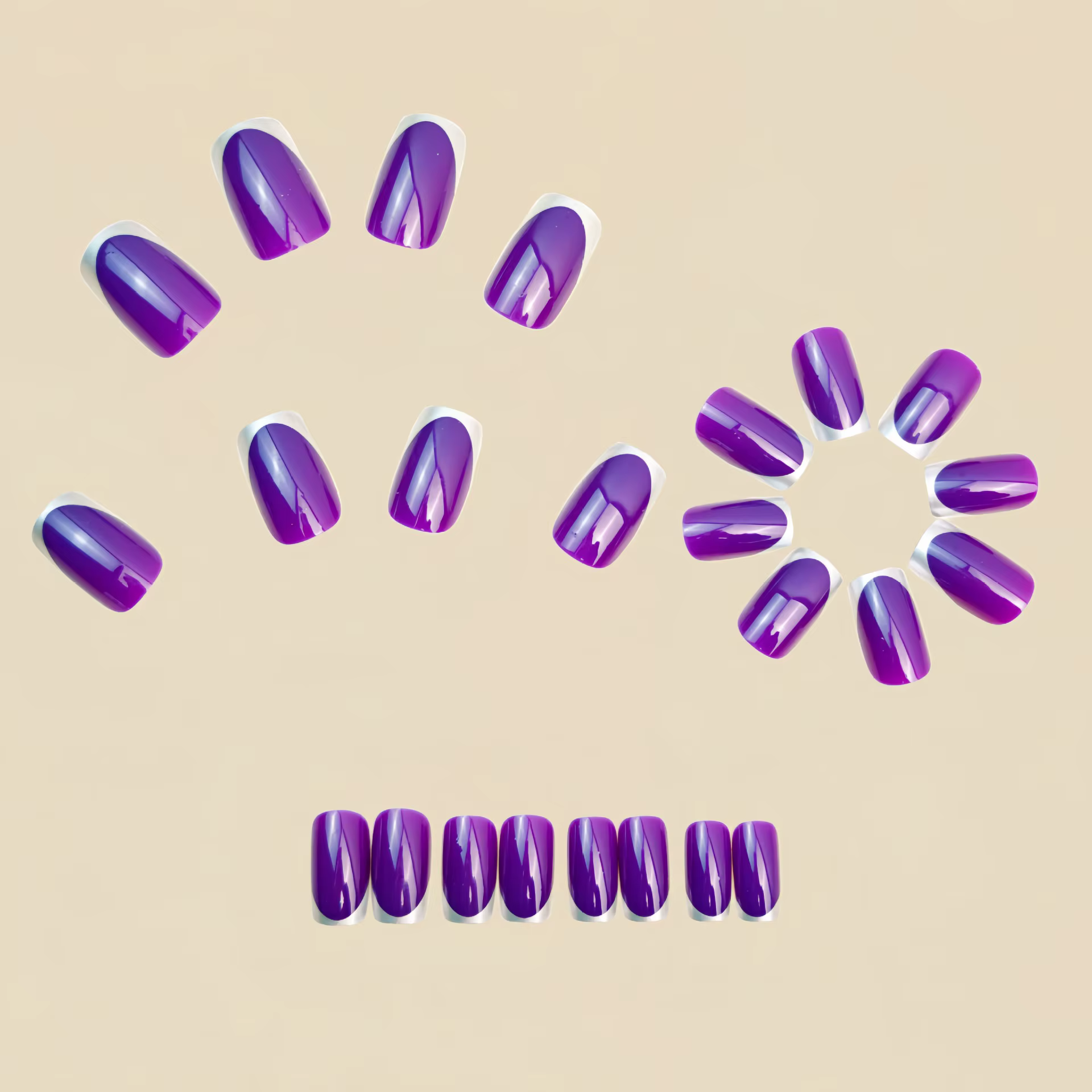 Faux ongles carrés moyens, finition brillante, Double couleur, Style français, violet, argent, noir, doré, Combo, ensemble d'art pour faux ongles à pression